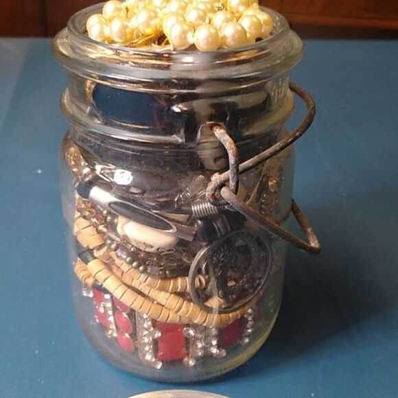 Vintage Atlas Pint Jewelry Jar with Beads and Chains - Picture 3 of 5